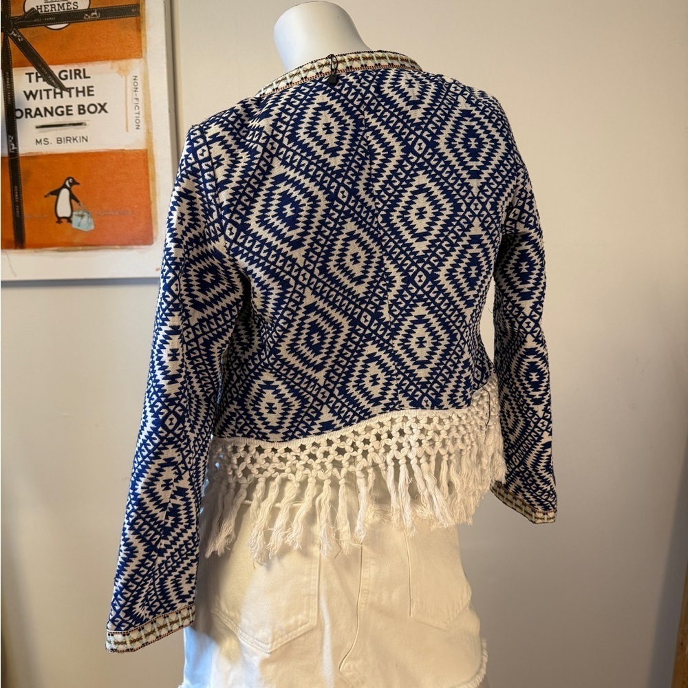 Lovemystyle Blue And White Aztec Print Jacket With Tasselled Hem UK 10 US 6 NWOT - Picture 3 of 7